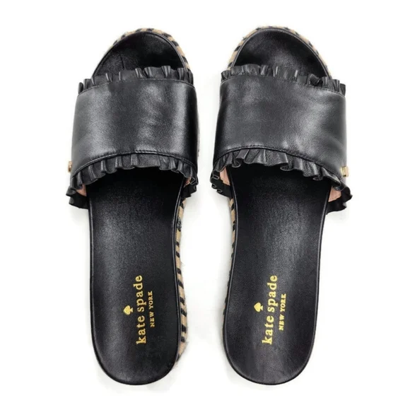 Kate Spade Zahara Black Ruffled Leather Open-Toe Slide-On Flat Espadille Sandals - Picture 2 of 10